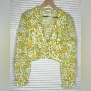 Showpo Floral Cropped Sheer Bubble Sleeve V Neck Blouse women size 6 Bohemian